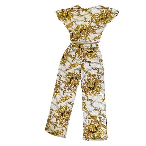 Plunging Neckline Crop Top & Pants Outfit White and Gold Baroque Print Slim-Fit - Picture 5 of 9